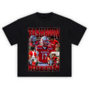 Tashawn Ruffin Monmouth Football T-shirt featuring action shots on the field and track in bold red-and-black athletic collage