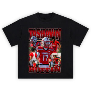 Tashawn Ruffin Monmouth Football T-shirt featuring action shots on the field and track in bold red-and-black athletic collage
