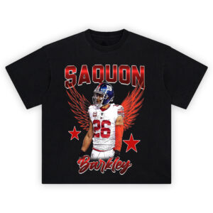 Saquon Barkley Red Wing Giants T-shirt featuring #26 in full gear with red wings and stars, New York Giants-inspired design