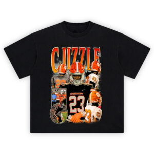 Cuzzle Grissom Tigers Football T-shirt featuring player collage, number 23 jersey, orange tiger helmet, and field action highlights