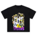 2019 LSU Tigers National Champions T-shirt featuring dynamic collage of players, title year, and bold purple and gold graphics