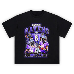 Baltimore Ravens Lamar Zone Graphic Tee featuring action montage of Lamar Jackson with Ravens branding and lightning effects