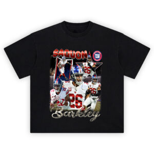 Saquon Barkley New York Giants Graphic T-shirt showing dynamic collage of #26 in action, Giants logo, and bold star outline