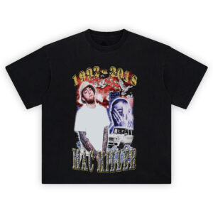 Mac Miller Forever Tribute Graphic Tee featuring collage of the rapper, dates 1992–2018, doves, car, city backdrop
