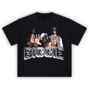 Biggie Smalls T-Shirt with vintage collage of Notorious B.I.G. in iconic 90s hip-hop looks