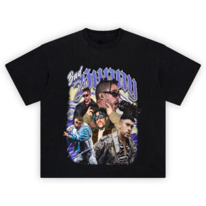 Bad Bunny King of Vibes Graphic Tee featuring vibrant collage of iconic looks and bold stage presence