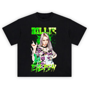 Billie Eilish Neon Grunge Collage T-shirt with camo outfit and green splatter graphic
