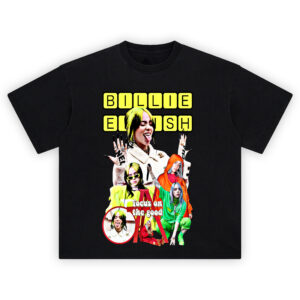 Billie Eilish Focus on the Good collage t-shirt with multiple colorful outfits and uplifting message