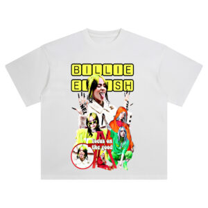 Billie Eilish Focus on the Good collage t-shirt with multiple colorful outfits and uplifting message
