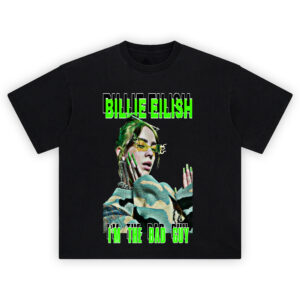 Billie Eilish Bad Guy Shirt with green neon aesthetic and flame sunglasses