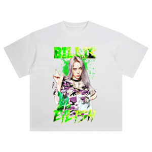 Billie Eilish Neon Grunge Collage T-shirt with camo outfit and green splatter graphic