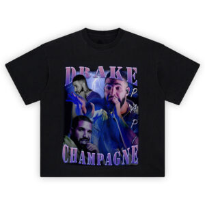 Drake Champagne Papi Graphic T-shirt with lightning background and collage of Drake performances and moods