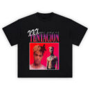 XXXTentacion graphic t-shirt showing two intense portraits—one solemn close-up and one shirtless pose over a red-pink gradient.
