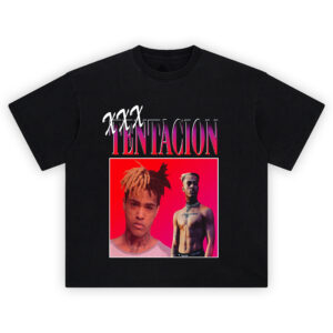 XXXTentacion graphic t-shirt showing two intense portraits—one solemn close-up and one shirtless pose over a red-pink gradient.