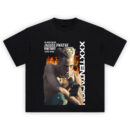 XXXTentacion Memorial T-Shirt featuring shirtless Jahseh with mic, flames in the background, and "In Memoriam" text.