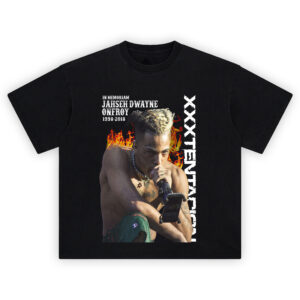 XXXTentacion Memorial T-Shirt featuring shirtless Jahseh with mic, flames in the background, and "In Memoriam" text.
