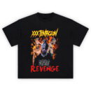 XXXTentacion Revenge T-Shirt showing three portraits of X surrounded by flames with bold “Revenge” text in red.