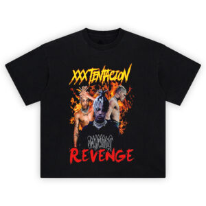 XXXTentacion Revenge T-Shirt showing three portraits of X surrounded by flames with bold “Revenge” text in red.