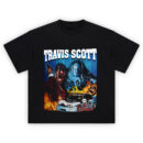 Travis Scott La Flame T-Shirt design with collage of Travis, sports cars, flames, and blue lightning background.