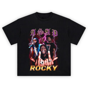 ASAP Rocky Lightning T-Shirt with three bold images of Rocky, middle fingers up, lightning and gothic text in red-blue storm background.