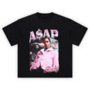 ASAP Rocky Pink Coat T-Shirt featuring Rocky in a bubblegum pink jacket, classic car, and pastel-toned layered street visuals.