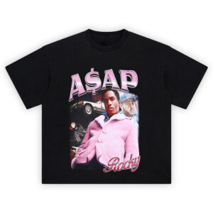 ASAP Rocky Pink Coat T-Shirt featuring Rocky in a bubblegum pink jacket, classic car, and pastel-toned layered street visuals.