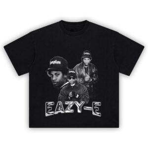 Eazy-E graphic T-shirt featuring a black-and-white collage of the iconic Compton rapper in classic 90s streetwear style
