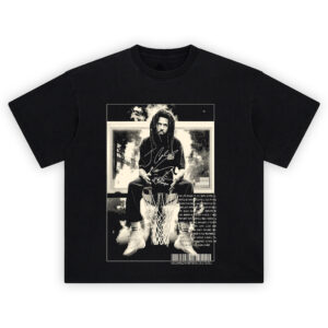 J Cole Off-Season T-Shirt featuring Cole sitting on a basketball hoop with clouds and monochrome aesthetic, “Off-Season” text on chest.