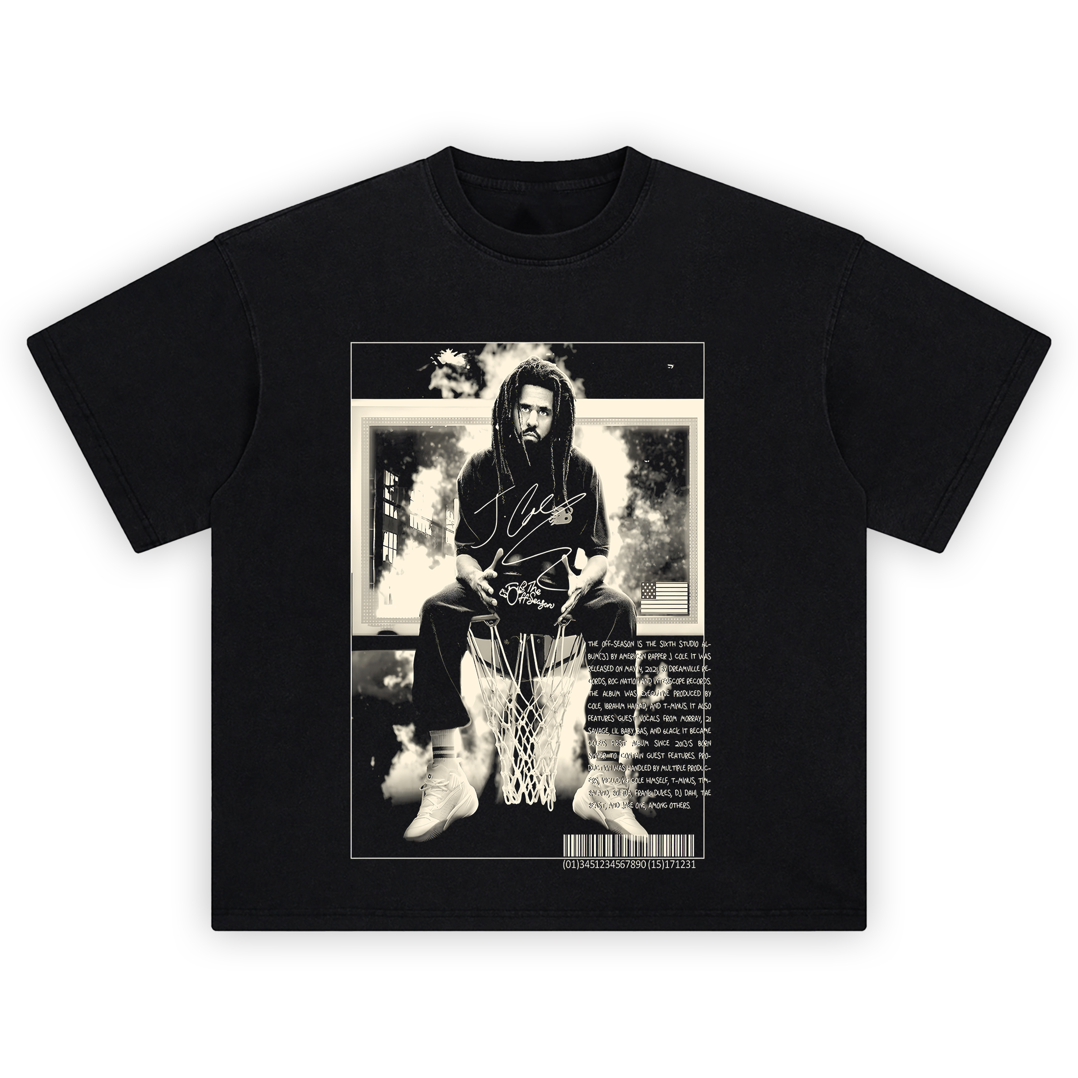 J Cole Off-Season T-Shirt featuring Cole sitting on a basketball hoop with clouds and monochrome aesthetic, โOff-Seasonโ text on chest.