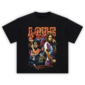 J Cole Fire Collage T-Shirt featuring multiple live performance and portrait shots of J Cole under fiery bold text and signature crown logo.