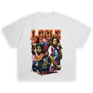 J Cole Fire Collage T-Shirt featuring multiple live performance and portrait shots of J Cole under fiery bold text and signature crown logo.