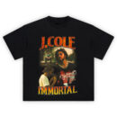 J Cole Immortal T-Shirt with cinematic stills of J Cole, muted colors, fiery accents, and bold "IMMORTAL" text referencing 4 Your Eyez Only.