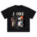 J Cole Album Cover T-Shirt displaying all six major J Cole albums—Cole World, Born Sinner, 2014 Forest Hills Drive, 4 Your Eyez Only, KOD, and The Off-Season—with bold title and signature.