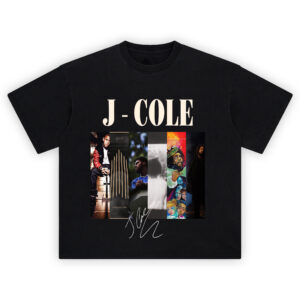 J Cole Album Cover T-Shirt displaying all six major J Cole albums—Cole World, Born Sinner, 2014 Forest Hills Drive, 4 Your Eyez Only, KOD, and The Off-Season—with bold title and signature.