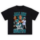 Jalen Hurts Fly High Graphic T-shirt featuring collage of Eagles QB1 in green and white with bold name design