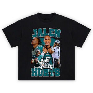 Jalen Hurts Fly High Graphic T-shirt featuring collage of Eagles QB1 in green and white with bold name design
