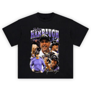 John Harbaugh Sideline Icon Graphic Tee featuring collage of Ravens head coach in action with stars and team colors