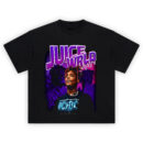 Juice WRLD Purple Vibes Graphic T-shirt with neon purple lettering and layered portraits