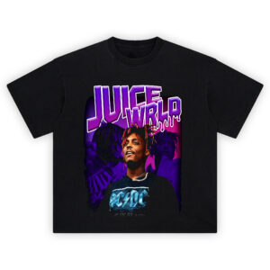 Juice WRLD Purple Vibes Graphic T-shirt with neon purple lettering and layered portraits