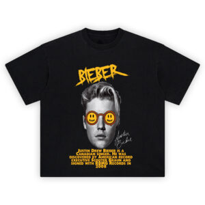 Justin Bieber Drew House Shirt with smiley glasses and bold biography design