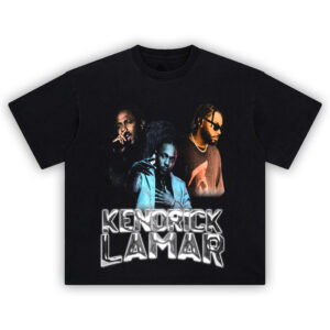Kendrick Lamar T-Shirt with bold graphic collage of the rapper across different eras in a vintage-style hip-hop tee