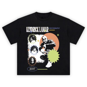 Kendrick Lamar Discography T-Shirt featuring four artistic portraits of Kendrick in colorful retro bursts with bold text and “2017” date.