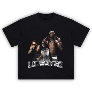 Lil Wayne T-Shirt featuring a collage of iconic moments from the rapper’s career in a vintage-style graphic tee