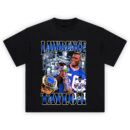 Lawrence Taylor GOAT Legacy T-shirt featuring LT with Super Bowl trophy, ring, and iconic game-day moments