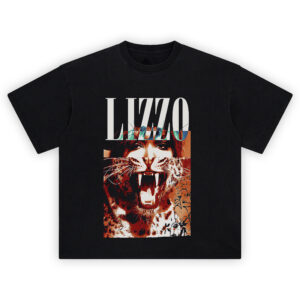 Lizzo Fierce Feline Graphic T-shirt featuring Lizzo’s face merged with roaring leopard artwork