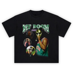 MF DOOM All Caps T-Shirt with green logo and multiple masked DOOM images