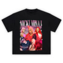 Nicki Minaj Pink Era T-Shirt featuring five iconic Nicki looks with pink and red lightning theme, bold title text.
