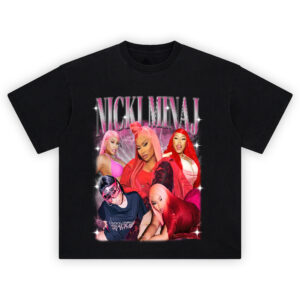 Nicki Minaj Pink Era T-Shirt featuring five iconic Nicki looks with pink and red lightning theme, bold title text.