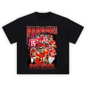 Patrick Mahomes Supernova Chiefs T-shirt featuring collage of quarterback in action, Chiefs uniforms, and Super Bowl energy