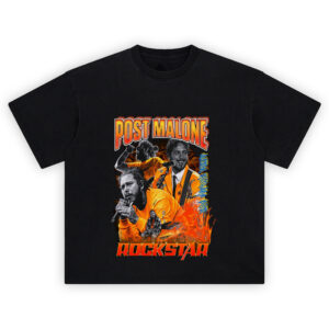 Post Malone T-Shirt featuring Rockstar performance collage with flames